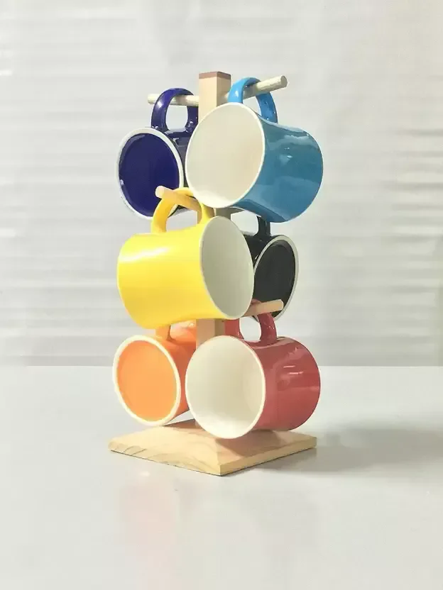 Tibros 7-Piece Ceramic Tea Mug Set with Wooden Stand – Assorted Multicolor Mugs