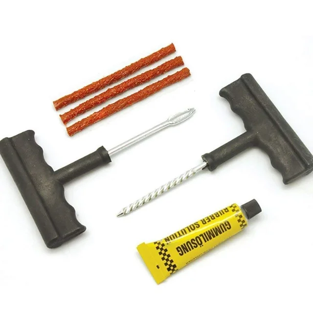 Puncture Repair Kit Tubeless Tyre Full Set with Nose Pliers, Rubber Cement and Extra Strips for Cars, Bikes