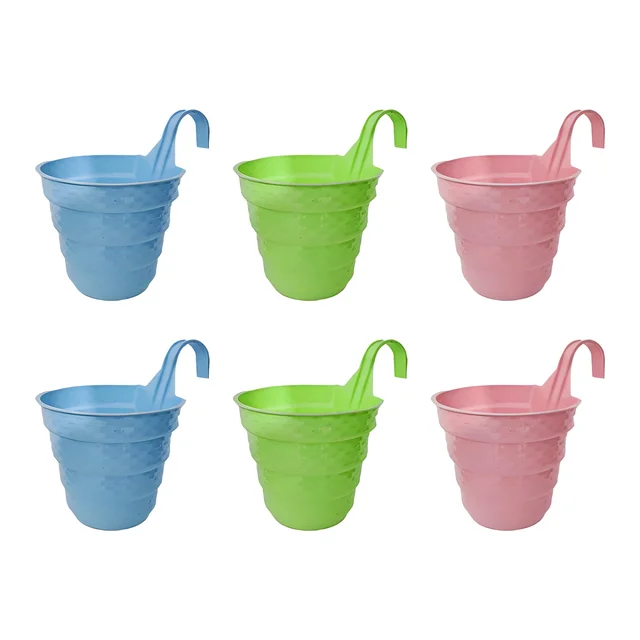 Plastic Hanging Planters - 6 Pcs (8 Inch, 3 Color) | Durable Round Flower Hanging Pots | Hanging Planters for Home Plants | Hooked Hanging Pots for Home & Balcony Garden