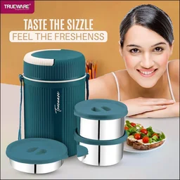 2-Tier Insulated Lunch Box with 3 Stainless Steel Containers – 2 x 300ml & 1 x 200ml – Perfect for Hot Lunches On-the-Go