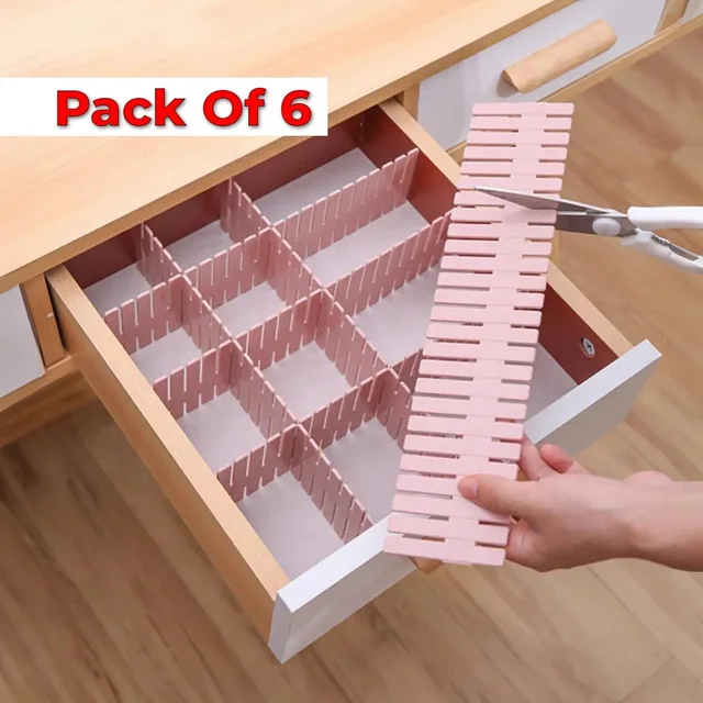 6 Pcs Adjustable Stretchable Interlocking Drawer Clapboard Divider/Grid Closet Sorting Partition/Plastic Strips Separators Cabinet Storage Box Socks/Makeup
