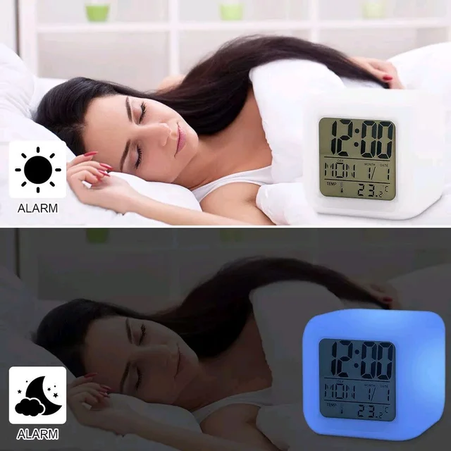 7 Colour Changing LED Digital Alarm Clock, Table Watch, with Date Time Temperature for, Office Bedroom