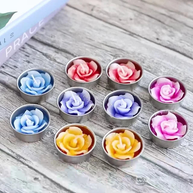 (Pack of 10) Rose Shaped Tealight Candles - Multicolor