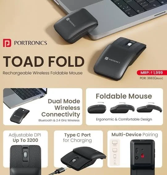 PORTRONICS TOAD FOLD RECHARGEABLE WIRLESS FOLDABLE MOUSE - Black