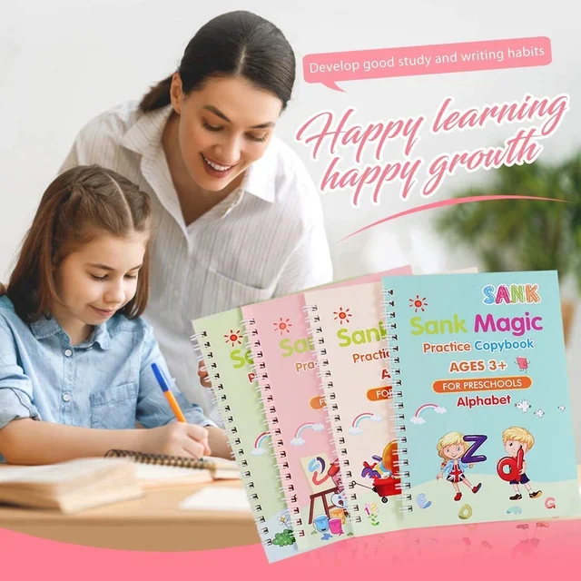 Large Size Reusable Kids Handwriting Practice Copybook Set - 4pcs (Alphabet, Numbers, Drawing, Math) with Pens - Deep Groove Calligraphy for Preschool