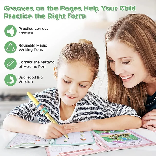 Large Size Reusable Kids Handwriting Practice Copybook Set - 4pcs (Alphabet, Numbers, Drawing, Math) with Pens - Deep Groove Calligraphy for Preschool