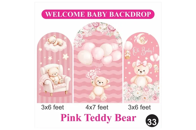 Kiwi Party Welcome Baby Pink Teddy Bear Backdrop Set – Baby Girl Decoration Theme