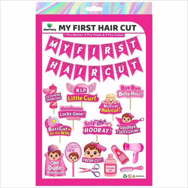 Kiwi Party My First Haircut Decoration Kit – 1 Banner, 8 Props & 8 Cutouts | Baby Mundan Ceremony Party Set (Pink Theme)