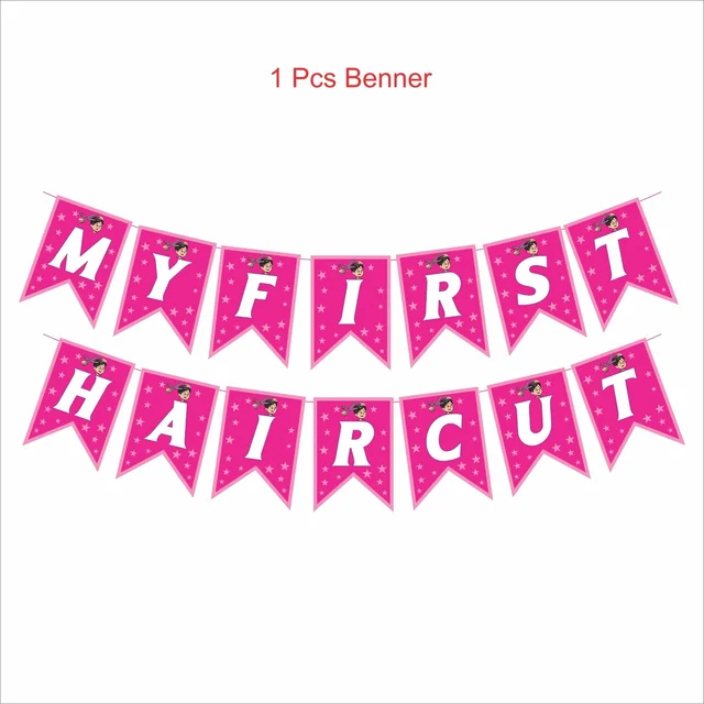Kiwi Party My First Haircut Decoration Kit – 1 Banner, 8 Props & 8 Cutouts | Baby Mundan Ceremony Party Set (Pink Theme)