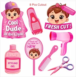 Kiwi Party My First Haircut Decoration Kit – 1 Banner, 8 Props & 8 Cutouts | Baby Mundan Ceremony Party Set (Pink Theme)