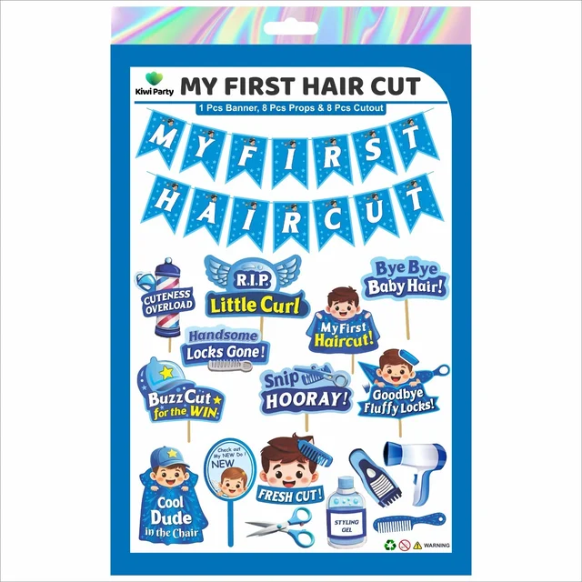 Kiwi Party My First Haircut Decoration Kit (Blue Theme) – 1 Banner, 8 Props & 8 Cutouts | Baby Boy Mundan Ceremony Party Set