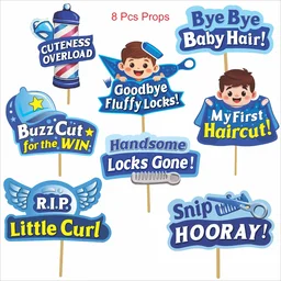 Kiwi Party My First Haircut Decoration Kit (Blue Theme) – 1 Banner, 8 Props & 8 Cutouts | Baby Boy Mundan Ceremony Party Set