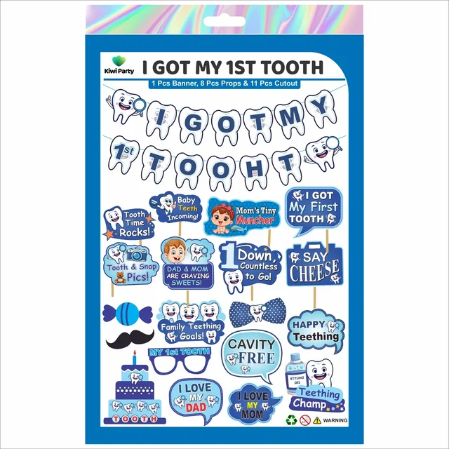 Kiwi Party I Got My 1st Tooth Decoration Kit – 1 Banner, 8 Props & 11 Cutouts | Baby Teething Celebration Party Set (Blue Theme)