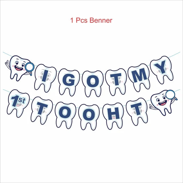 Kiwi Party I Got My 1st Tooth Decoration Kit – 1 Banner, 8 Props & 11 Cutouts | Baby Teething Celebration Party Set (Blue Theme)