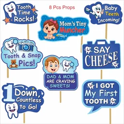 Kiwi Party I Got My 1st Tooth Decoration Kit – 1 Banner, 8 Props & 11 Cutouts | Baby Teething Celebration Party Set (Blue Theme)