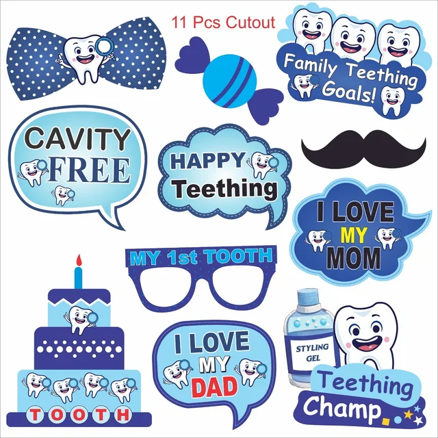 Kiwi Party I Got My 1st Tooth Decoration Kit – 1 Banner, 8 Props & 11 Cutouts | Baby Teething Celebration Party Set (Blue Theme)