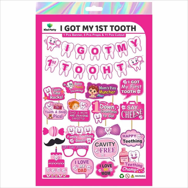 Kiwi Party I Got My 1st Tooth Decoration Kit (Pink Theme) – 1 Banner, 8 Props & 11 Cutouts | Baby Girl Teething Celebration Party Set