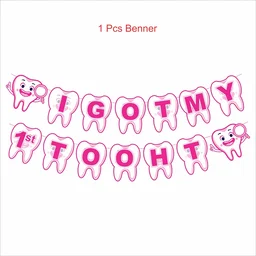 Kiwi Party I Got My 1st Tooth Decoration Kit (Pink Theme) – 1 Banner, 8 Props & 11 Cutouts | Baby Girl Teething Celebration Party Set