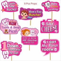 Kiwi Party I Got My 1st Tooth Decoration Kit (Pink Theme) – 1 Banner, 8 Props & 11 Cutouts | Baby Girl Teething Celebration Party Set