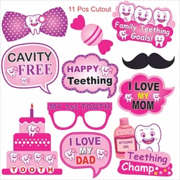 Kiwi Party I Got My 1st Tooth Decoration Kit (Pink Theme) – 1 Banner, 8 Props & 11 Cutouts | Baby Girl Teething Celebration Party Set