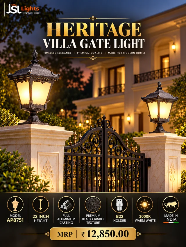 JSL8157 22 Inch Black Outdoor Gate Light | Premium Heritage Pillar Lamp for Villa, Main Gate & Boundary Wall | JSL Lights