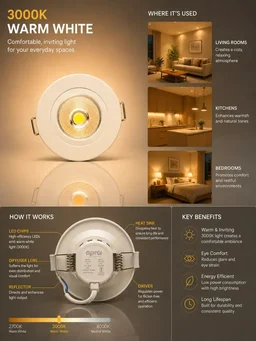 AP306 3W Recessed Mini COB Downlight - Warm White Full White Finish Ceiling Spotlight - 3k
