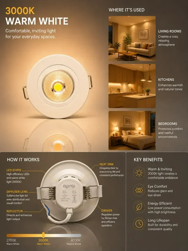 AP306 3W Recessed Mini COB Downlight - Warm White Full White Finish Ceiling Spotlight - 3k