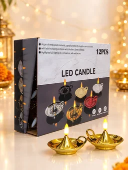 JSL LIGHTS Diwali Diya Candle Flameless, Smokeless | Decorative Acrylic Candles for Navratri Home Decor Diwali, Premium Golden Diya Festival Gift 12pcs Set