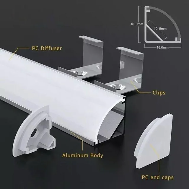 JSL LIGHT JSL 16×16mm Corner Aluminium LED Profile Channel with PC Diffuser | 3 Meter Length | Cabinet & Furniture Lighting