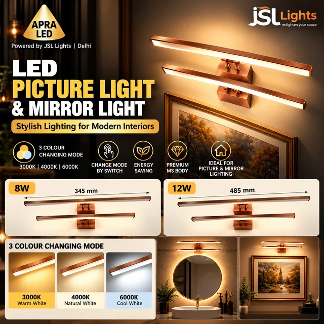 JSL/APRA 076 8W LED Wall Mirror Light & Picture Light, 3CCT Colour Changing, MS Body, Multiple Finish Options, 345mm - 12W, COPPER