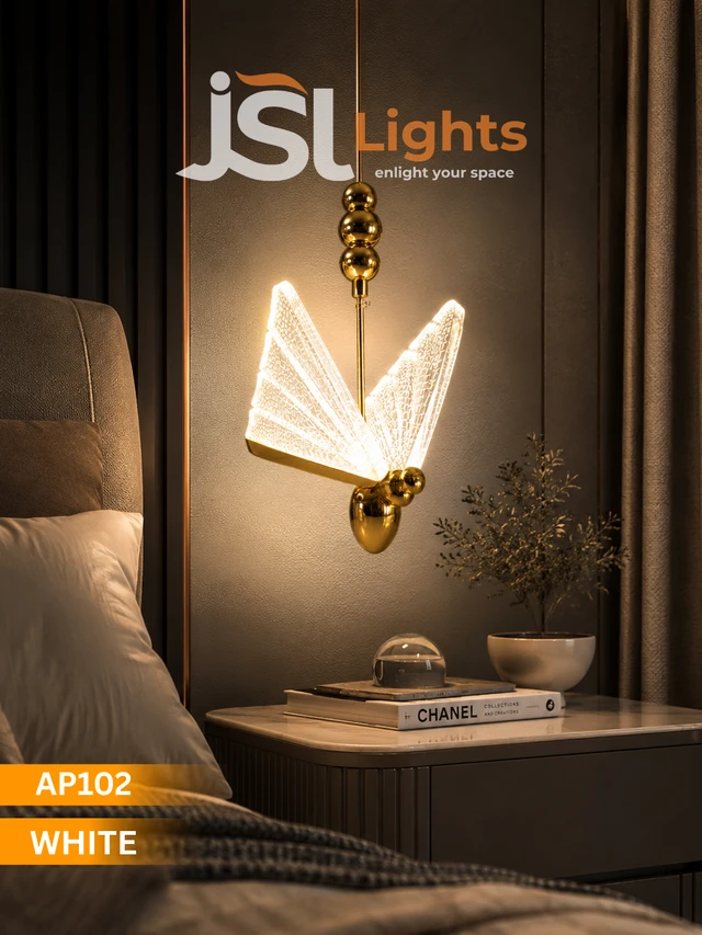 AP102 WHITE Luxury Butterfly Hanging Pendant Light - Premium Gold Finish Warm White Textured Glass Chandelier for Bedrooms & Living Rooms