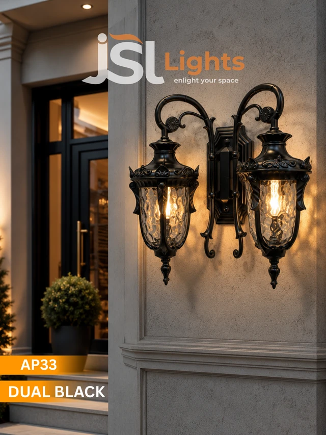AP33 Dual Black Luxury Double-Head Wall Light - Antique Matte Black Gate & Wall Light with Textured Water-Glass Cups ( WITHOUT BULB )