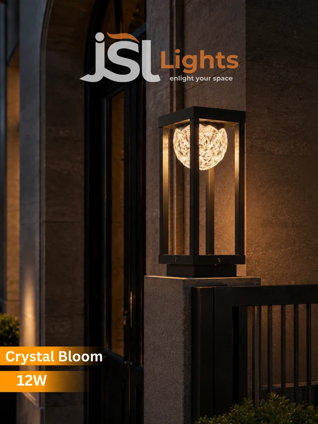 Crystal Bloom 12W Luxury Outdoor Pillar Light - Modern Matte Black Geometric Frame Gate Light with Premium Crystal Mesh Flower Bowl