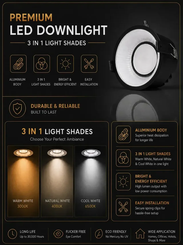 APRA AP-1501 7W 3 in 1 Deep Recessed COB Downlight - Black GBK Finish Anti-Glare Ceiling Spotlight - 7W, BK+GBK