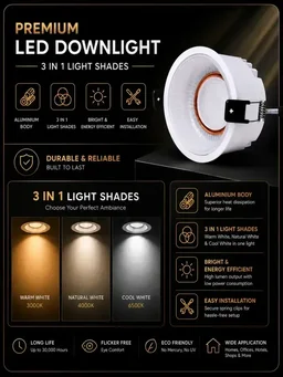 APRA AP-1501 7W 3 in 1 Deep Recessed COB Downlight - White RG Finish Anti-Glare Ceiling Spotlight - 7W, WH+RG