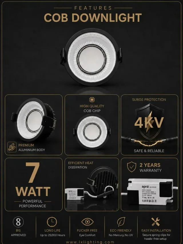 APRA AP-1501 7W 3 in 1 Deep Recessed COB Downlight - Black GBK Finish Anti-Glare Ceiling Spotlight - 7W, BK+GBK