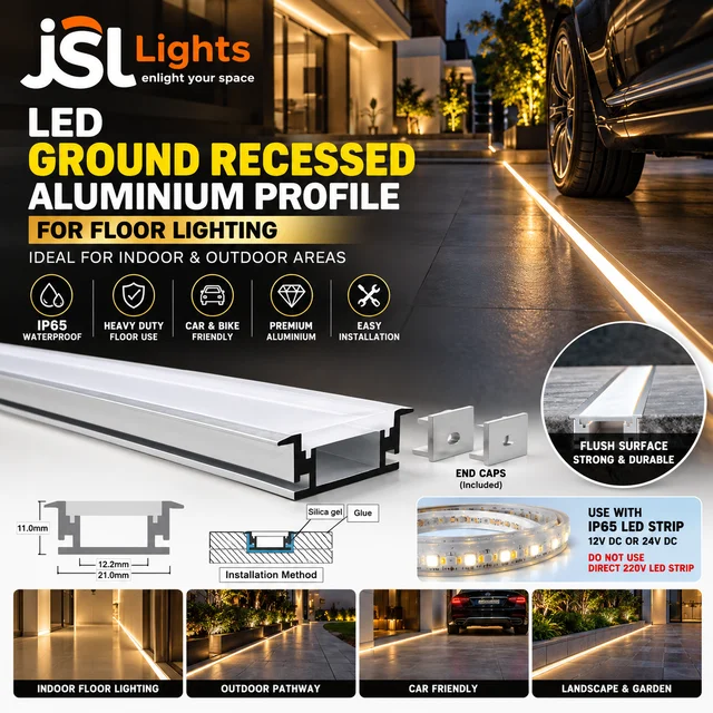 JSL LIGHT JSL LED Ground Recessed Aluminium Profile 21×11mm | 3 Meter Floor Lighting Channel with PC Diffuser | IP65 LED Strip Compatible