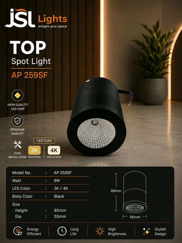 Apra AP 259SF LED Cylinder Surface COB Light 6W Modern Ceiling Downlight for Home & Outdoor - 6W, 3k, Blk