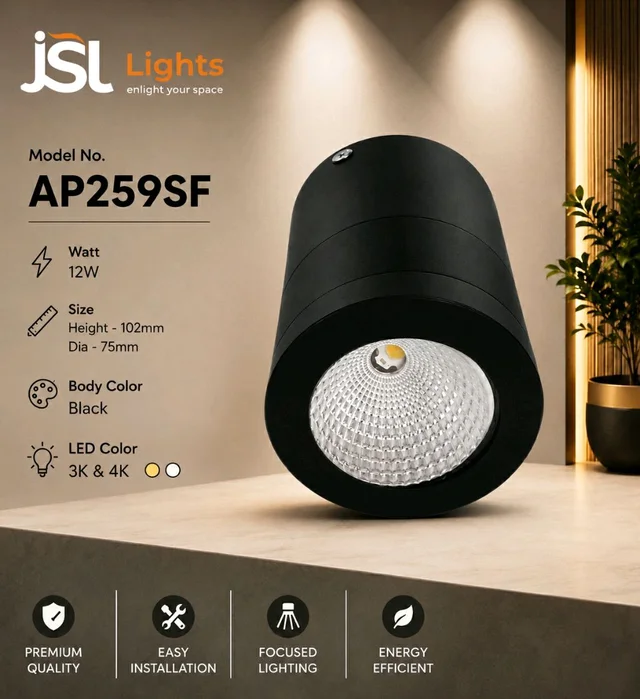 Apra AP 259SF LED Cylinder Surface COB Light 12W Modern Ceiling Downlight for Home & Outdoor - 12w, 4k, Blk