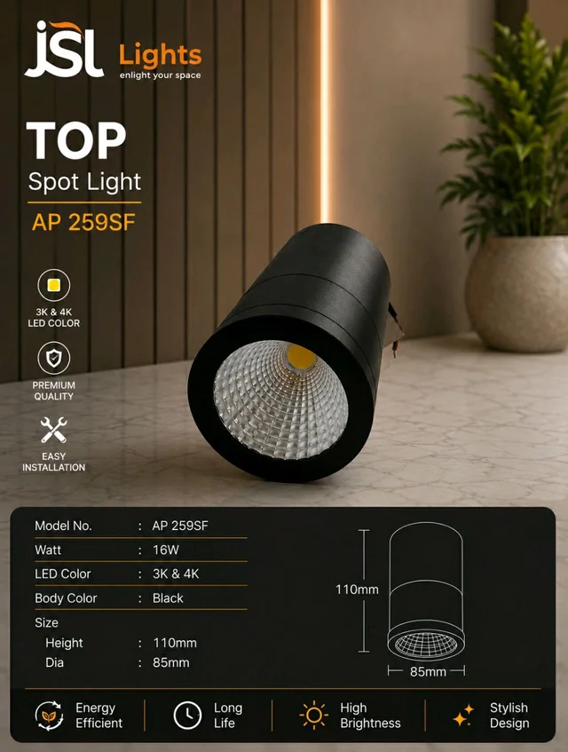 Apra AP 259SF LED Cylinder Surface COB Light 16W Modern Ceiling Downlight for Home & Outdoor - 16W, 4k, Blk