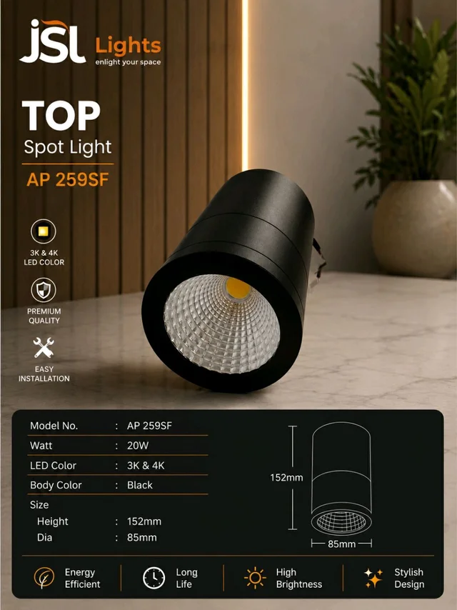 Apra AP 259SF LED Cylinder Surface COB Light 20W Modern Ceiling Downlight for Home & Outdoor - 20W, 4k, Blk