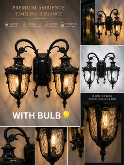 APRA AP33 Dual Black Luxury Double-Head Wall Light - Antique Matte Black Gate & Wall Light with Textured Water-Glass Cups ( WITHOUT BULB )