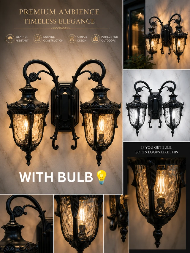 APRA AP33 Dual Black Luxury Double-Head Wall Light - Antique Matte Black Gate & Wall Light with Textured Water-Glass Cups ( WITHOUT BULB )