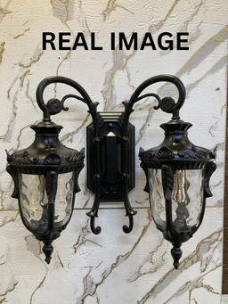 APRA AP33 Dual Black Luxury Double-Head Wall Light - Antique Matte Black Gate & Wall Light with Textured Water-Glass Cups ( WITHOUT BULB )
