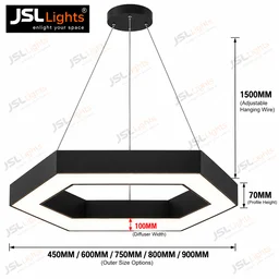 JSL LIGHT JSL Lights Hexa Ring LED Hanging Light for Office & Gym | Custom Aluminium Profile Light with Osram LED, Philips/Fulham Driver & 2-Year Warranty - 450mm