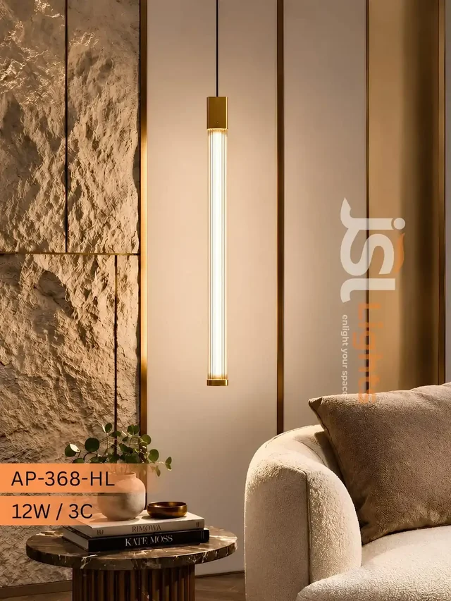 AP-368-HL 12W 3-Color LED Hanging Light - Luxury Gold Linear Glass Pendant Light for Bedside, Living Room & Dining Corner