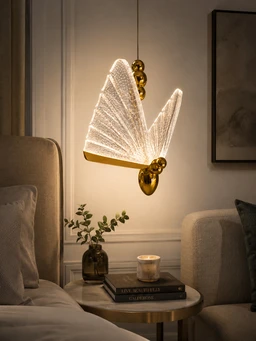 APRA AP102 WHITE Luxury Butterfly Hanging Pendant Light - Premium Gold Finish Warm White Textured Glass Chandelier for Bedrooms & Living Rooms - White