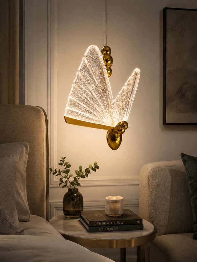APRA AP102 WHITE Luxury Butterfly Hanging Pendant Light - Premium Gold Finish Warm White Textured Glass Chandelier for Bedrooms & Living Rooms - White
