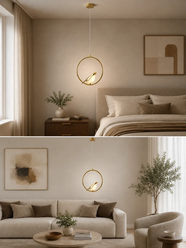 AP1021/ 1P 10W Luxury Bird Hanging Pendant Light - 3CCT Full Premium Gold Finish Circular LED Ring Chandelier with Shiny Gold Bird for Luxury Interiors