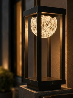 Crystal Bloom 12W Luxury Outdoor Pillar Light - Modern Matte Black Geometric Frame Gate Light with Premium Crystal Mesh Flower Bowl - 12W